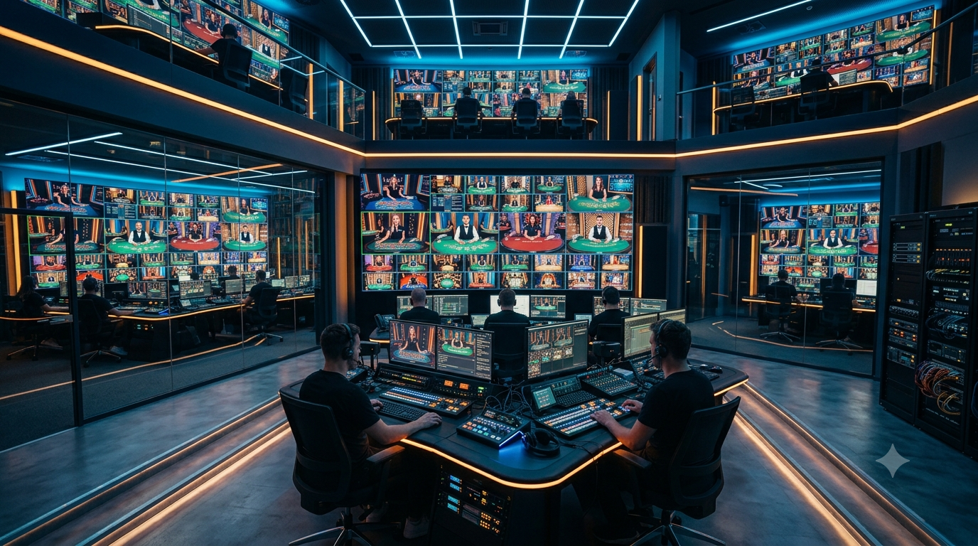 Infografis perbandingan provider live casino populer yang menampilkan perbandingan studio siaran langsung, fitur antarmuka, dan kualitas video